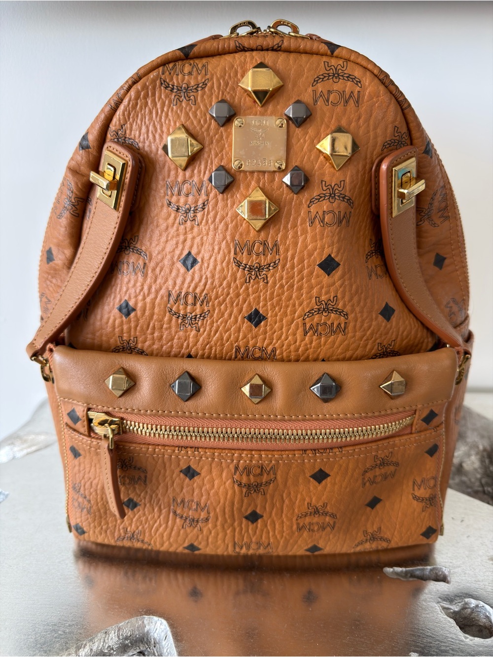 MCM Visetos Cognac Stud Backpack w/ Mixed Metal Accents & Convertible Wristlet